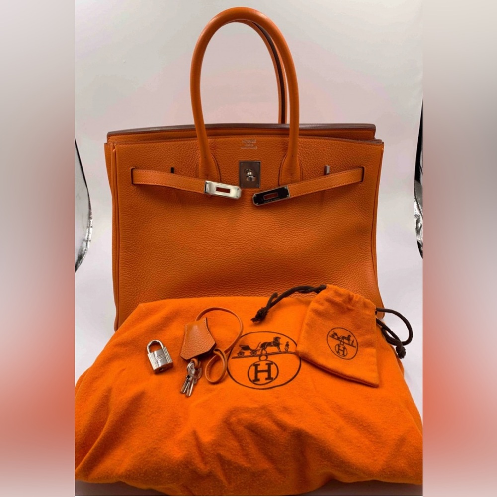 Authentic HERMES Birkin 35 Clemence Leather Orange Palladium hardware - Picture 4 of 15